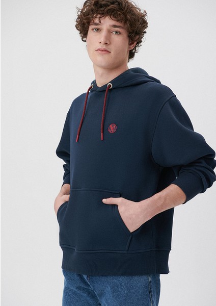 Erkek Mavi Logo Nakışlı Kapüşonlu Lacivert Sweatshirt 065809-29743