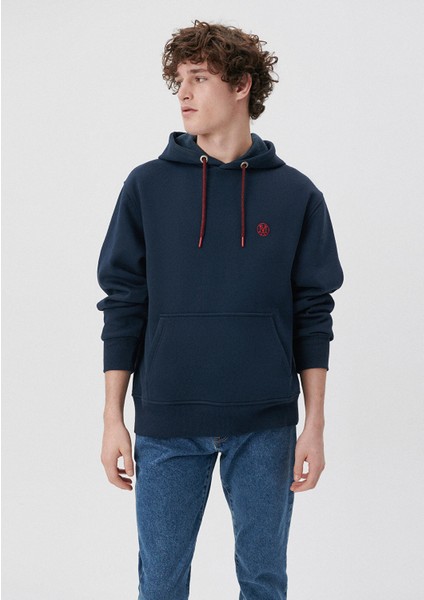 Erkek Mavi Logo Nakışlı Kapüşonlu Lacivert Sweatshirt 065809-29743