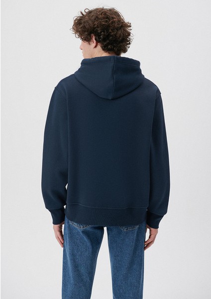 Erkek Mavi Logo Nakışlı Kapüşonlu Lacivert Sweatshirt 065809-29743