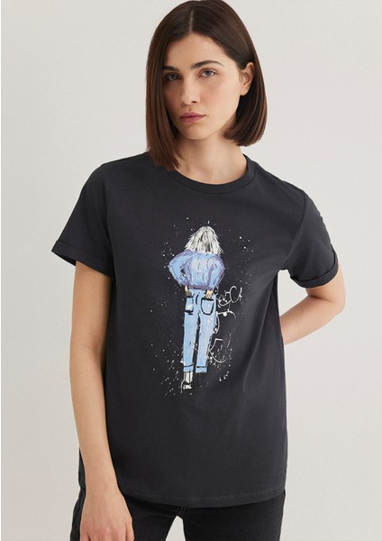 Denim Kız Baskılı Antrasit İstanbul Tişört 168890-29726