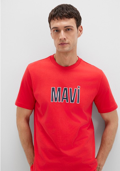 Mavi Logo Baskılı Kırmızı Tişört 066842-33099