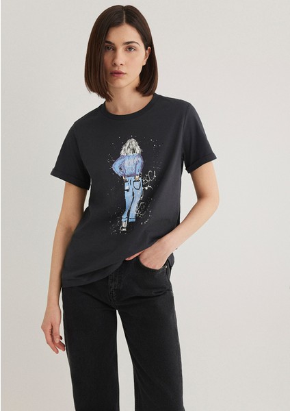 Denim Kız Baskılı Antrasit İstanbul Tişört 168890-29726