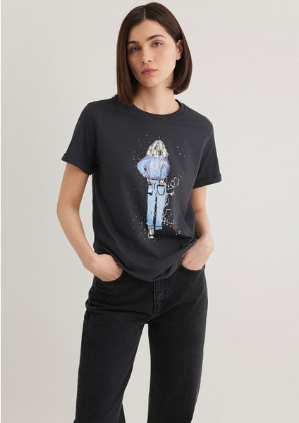 Denim Kız Baskılı Antrasit İstanbul Tişört 168890-29726