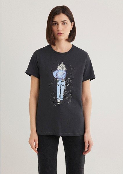 Denim Kız Baskılı Antrasit İstanbul Tişört 168890-29726