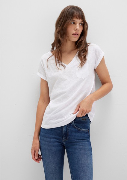 V Yaka Beyaz Basic Tişört 1600961-620