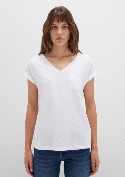 V Yaka Beyaz Basic Tişört 1600961-620
