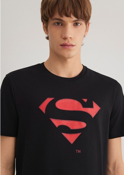 Superman Baskılı Siyah Tişört 066875-900