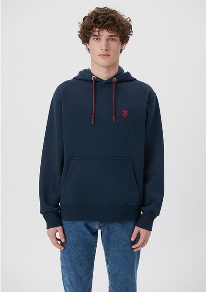 Erkek Mavi Logo Nakışlı Kapüşonlu Lacivert Sweatshirt 065809-29743