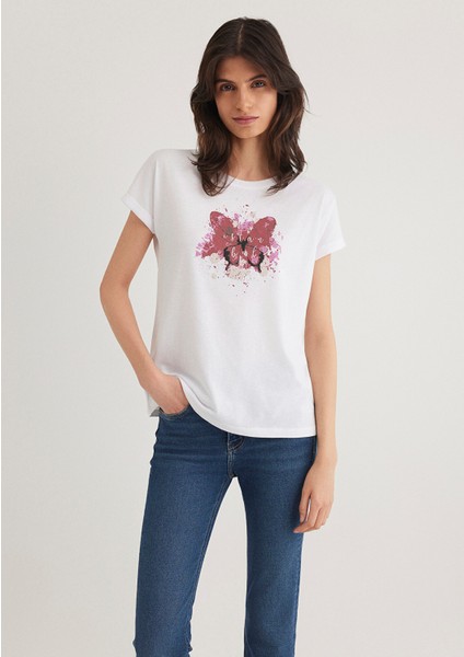 Kelebek Baskılı Beyaz İstanbul Tişört 167576-620