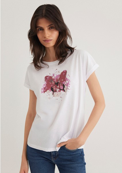 Kelebek Baskılı Beyaz İstanbul Tişört 167576-620