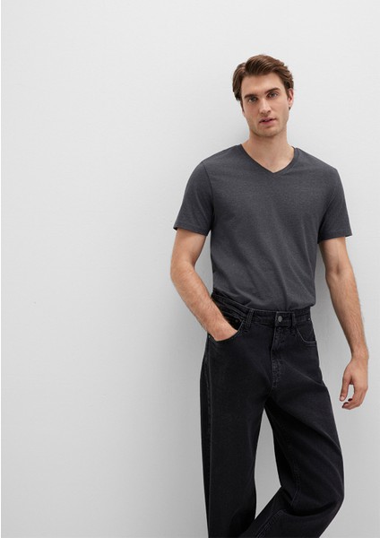 Stretch V Yaka Antrasit Basic Tişört 061748-24398