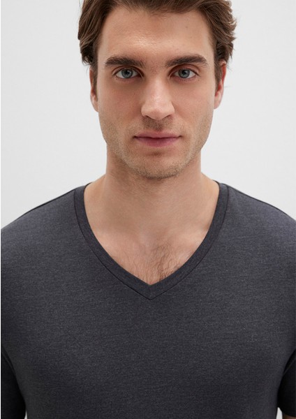 Stretch V Yaka Antrasit Basic Tişört 061748-24398