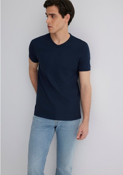 Ribana Detaylı V Yaka Lacivert Tişört 063748-17588