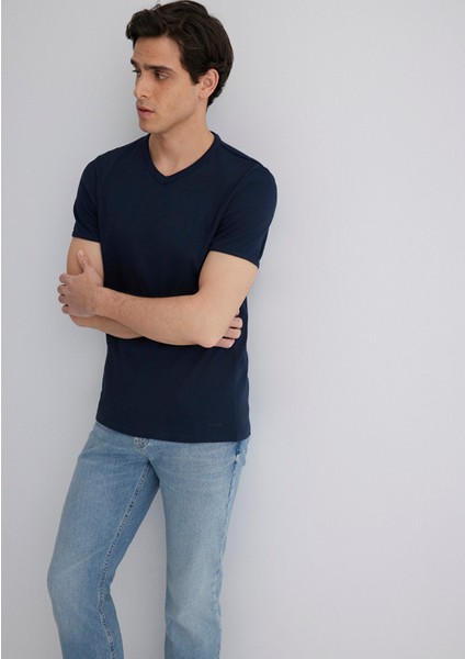 Ribana Detaylı V Yaka Lacivert Tişört 063748-17588