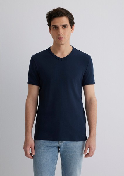 Ribana Detaylı V Yaka Lacivert Tişört 063748-17588