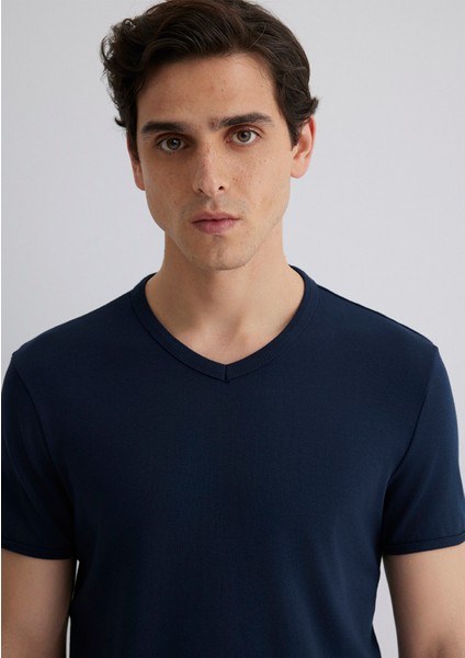 Ribana Detaylı V Yaka Lacivert Tişört 063748-17588