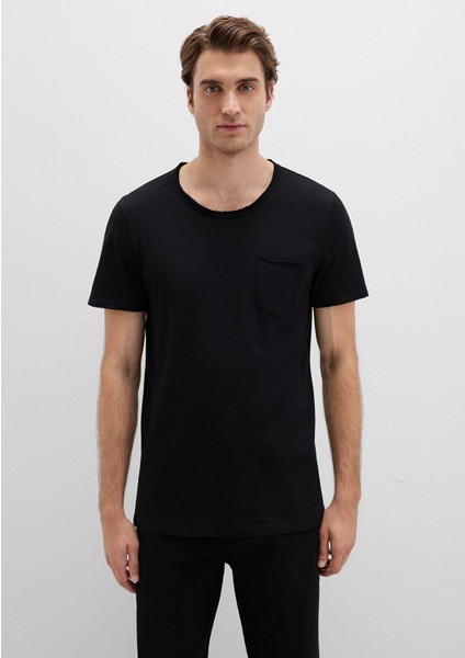 Dikişli Cep Detaylı Siyah Tişört 062772-26341