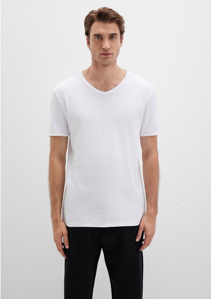 Ribana Detaylı V Yaka Beyaz Tişört 063748-620
