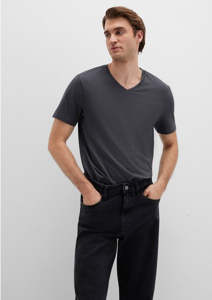 Stretch V Yaka Antrasit Basic Tişört 061748-24398