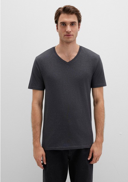 Stretch V Yaka Antrasit Basic Tişört 061748-24398