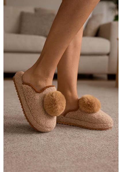 Kadın Ponponlu Ev Terliği Ses Yapmaz Kalın Taban Kışlık Terlik