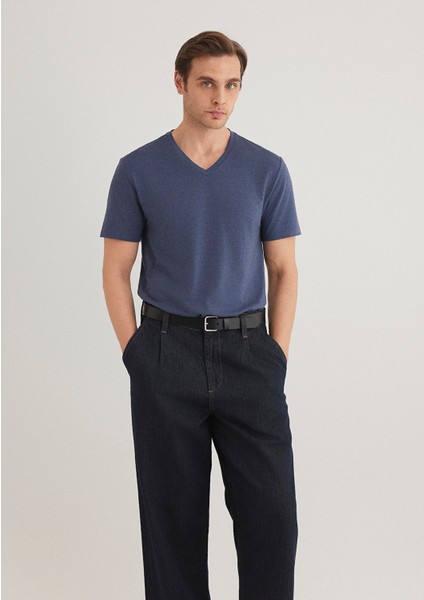 Stretch V Yaka Mavi Basic Tişört 061748-18790