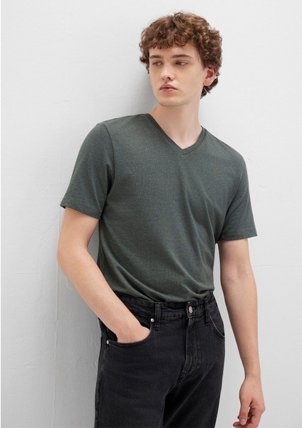 Stretch V Yaka Yeşil Basic Tişört 061748-25752