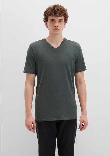 Stretch V Yaka Yeşil Basic Tişört 061748-25752