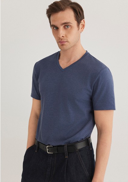 Stretch V Yaka Mavi Basic Tişört 061748-18790