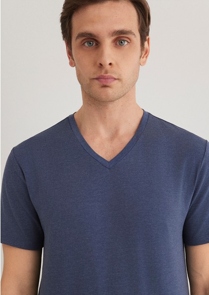 Stretch V Yaka Mavi Basic Tişört 061748-18790