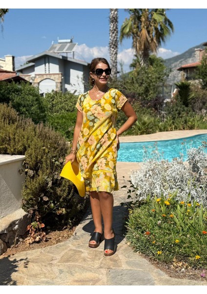 NC50181 Italyan Kısa Kol Pamuk Keten Elbise Sarı