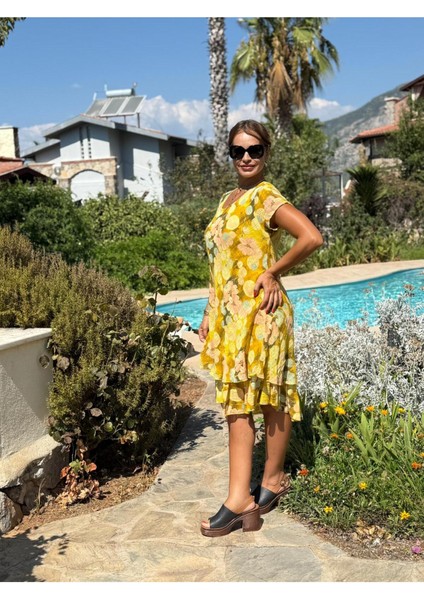 NC50181 Italyan Kısa Kol Pamuk Keten Elbise Sarı fiyatları