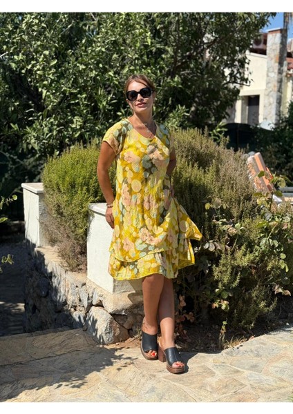 NC50181 Italyan Kısa Kol Pamuk Keten Elbise Sarı fırsatları