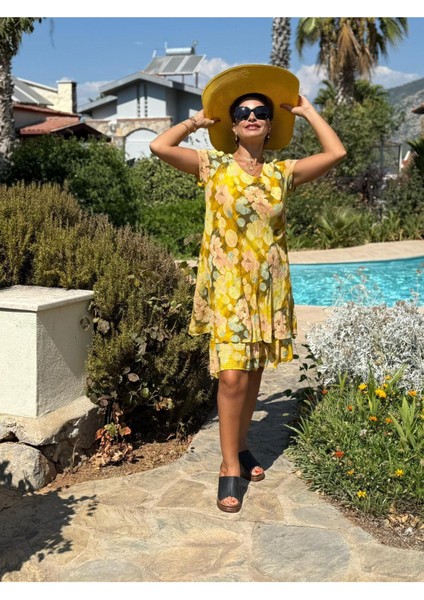 NC50181 Italyan Kısa Kol Pamuk Keten Elbise Sarı