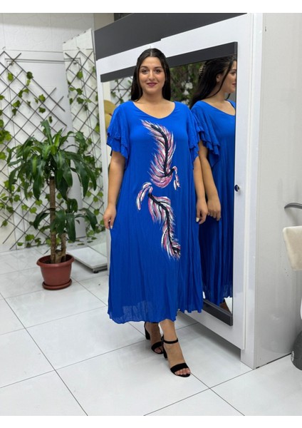 VL9636 Tüy Baskılı Yarım Kol Vual Elbise Saks