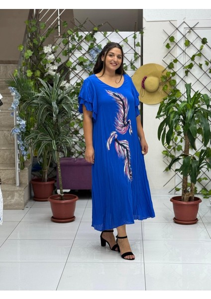 VL9636 Tüy Baskılı Yarım Kol Vual Elbise Saks fiyatları