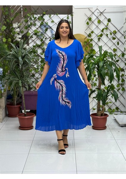 VL9636 Tüy Baskılı Yarım Kol Vual Elbise Saks fırsatları