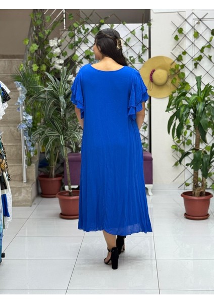 VL9636 Tüy Baskılı Yarım Kol Vual Elbise Saks indirimleri