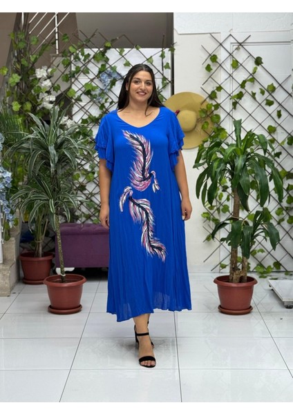 VL9636 Tüy Baskılı Yarım Kol Vual Elbise Saks