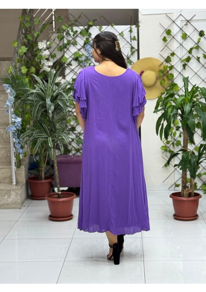 VL9636 Tüy Baskılı Yarım Kol Vual Elbise Mor fiyatları