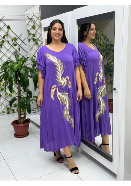 VL9636 Tüy Baskılı Yarım Kol Vual Elbise Mor modelleri