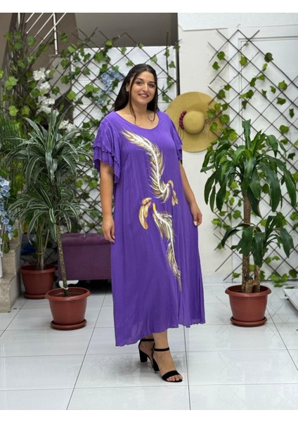 VL9636 Tüy Baskılı Yarım Kol Vual Elbise Mor fırsatları