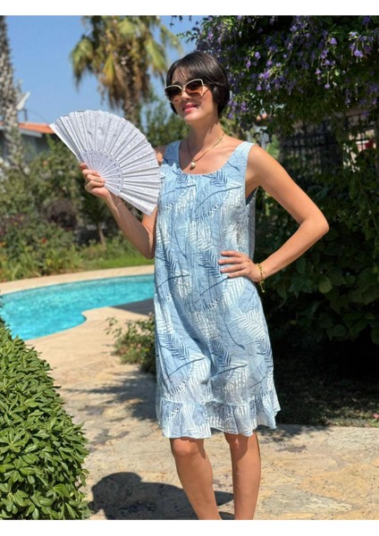 YG205070 Italyan Yaprak Desen Coton Elbise Bebe Mavi