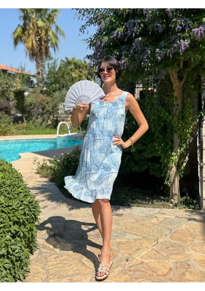 YG205070 Italyan Yaprak Desen Coton Elbise Bebe Mavi modelleri