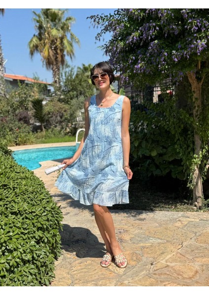 YG205070 Italyan Yaprak Desen Coton Elbise Bebe Mavi indirimleri