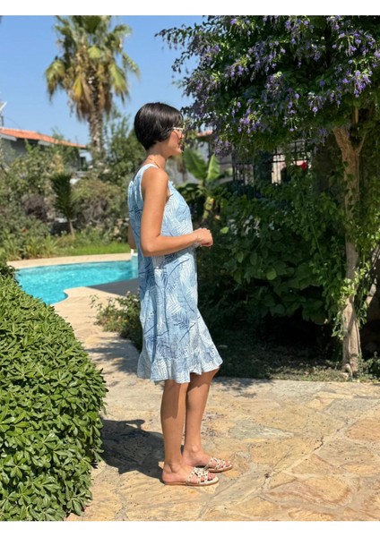 YG205070 Italyan Yaprak Desen Coton Elbise Bebe Mavi