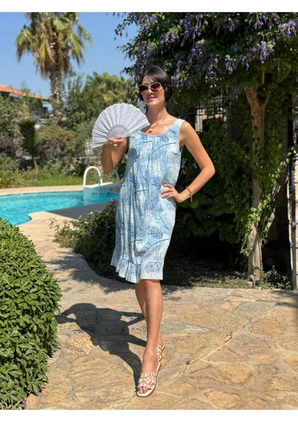 YG205070 Italyan Yaprak Desen Coton Elbise Bebe Mavi