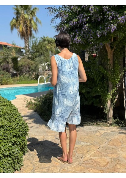 YG205070 Italyan Yaprak Desen Coton Elbise Bebe Mavi