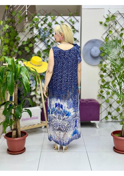 YG6420 Tek Omuz Bağlamalı Askılı Italyan Ipek Elbise Lacivert modelleri