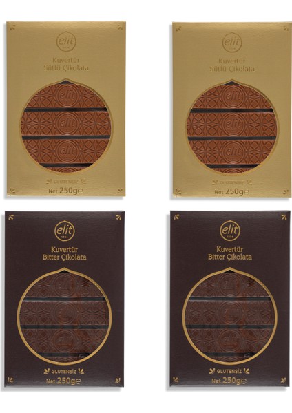 Kuvertür Bitter Çikolata (2) ve Sütlü Çikolata (2) 250g 4'lü Set (4x250g) Glutensiz